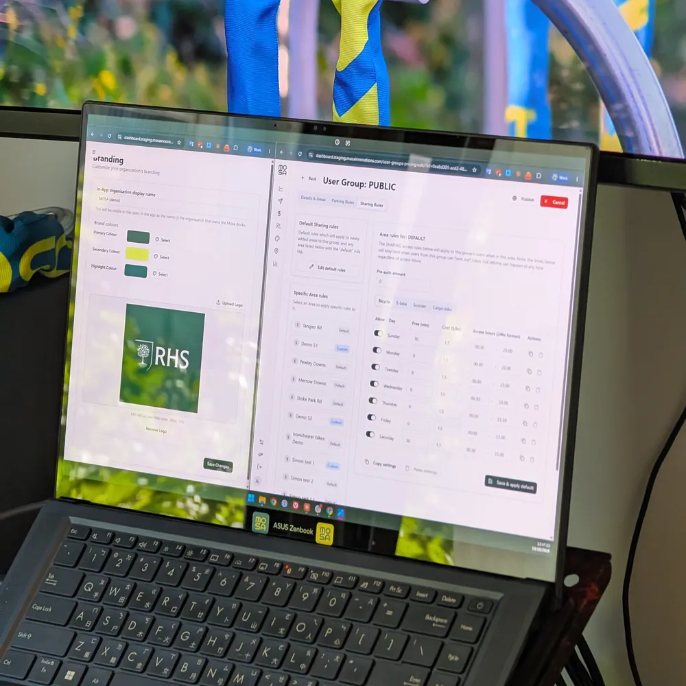 The Mosa operator dashboard on a laptop, showing a scheme's access and pricing rules.