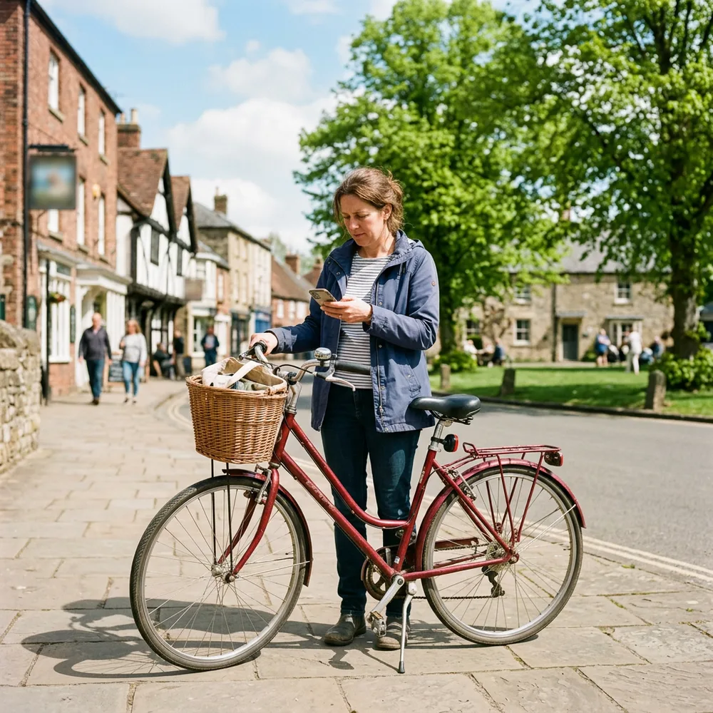 A woman on a sunny high street holding her red bike while checking her phone.