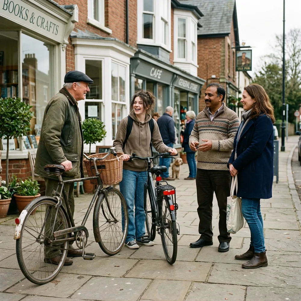 Neighbours of different ages chatting outside the local shops, some with their own bikes.